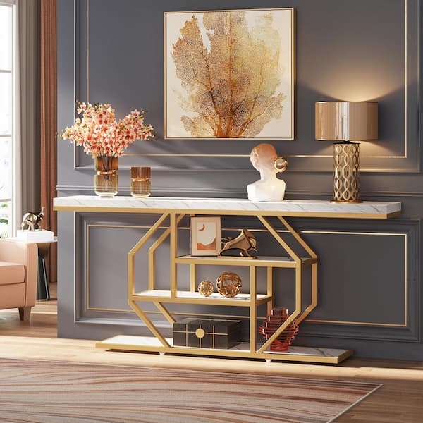 Console Table Geometric Gold Base Staggered Internal Shelving