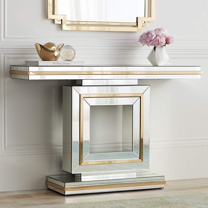 Console Table Geometric Pedestal Mirrored Finish Silver Art Deco Style