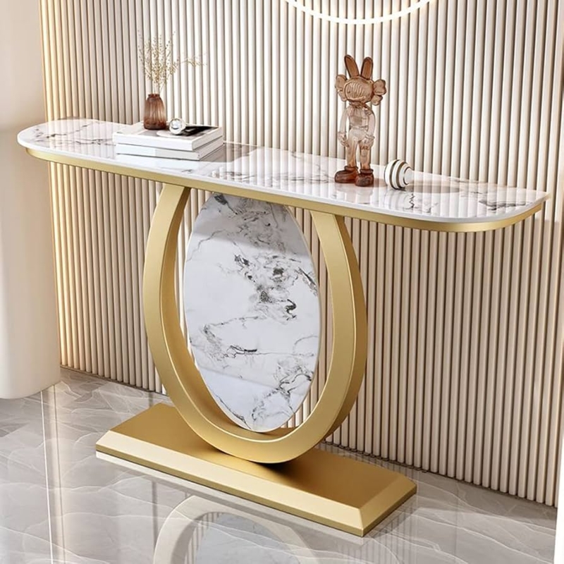 Console Table Glam Gold Circular Base Stone Inlay