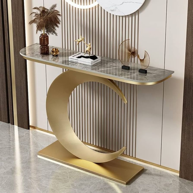 Console Table Glam Gold Crescent Stone Top Pedestal Base
