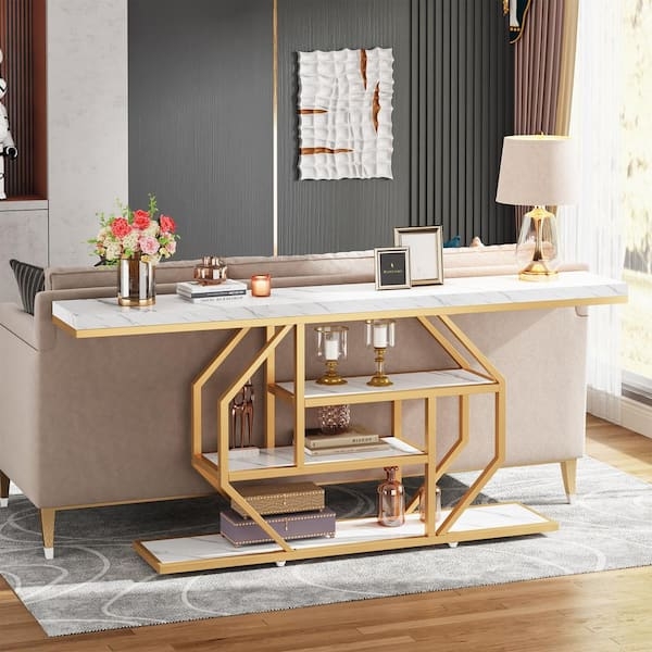 Console Table Glam Gold Geometric Frame Open Shelving