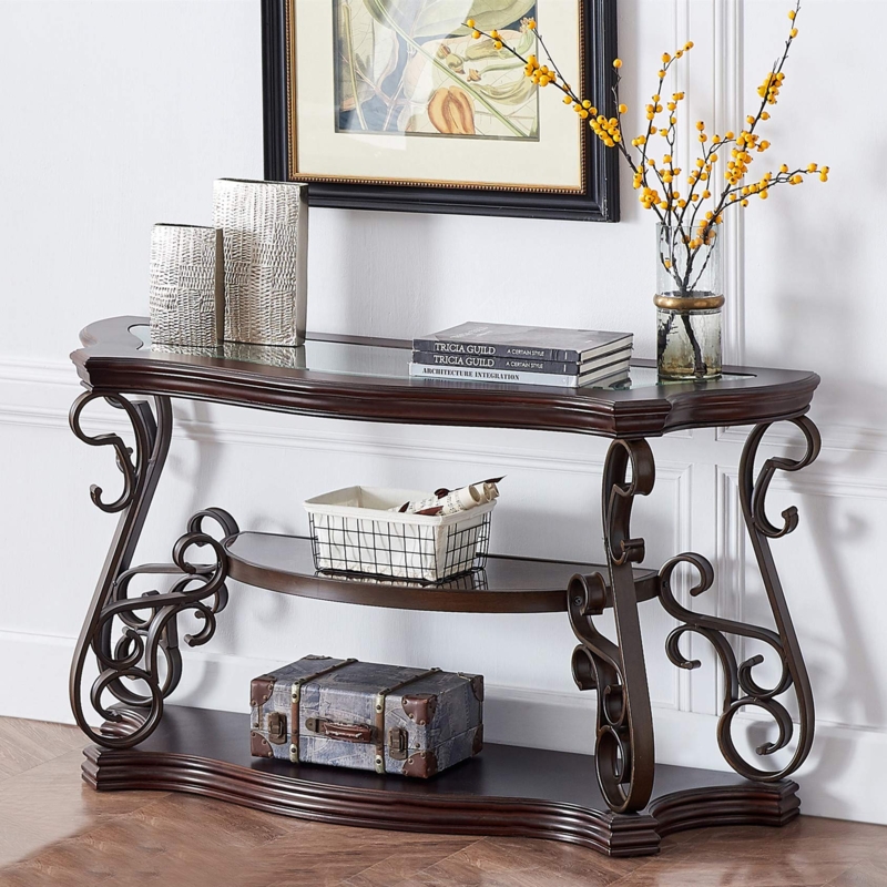 Console Table Glass Top Ornate Scrollwork Sides Traditional Entryway