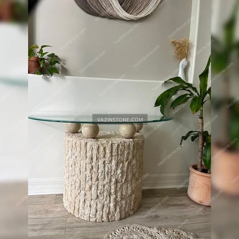 Console Table Glass Top Risers Rugged Stone Base Sculptural Entryway
