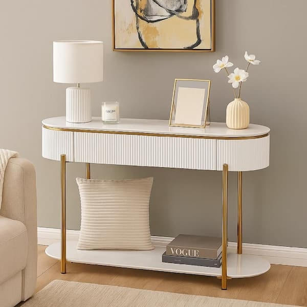 Console Table Glossy White Ribbed Drawer Front Gold Trim Slender Legs