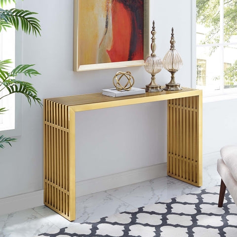 Console Table Gold Slatted Grid Design Entryway Glam