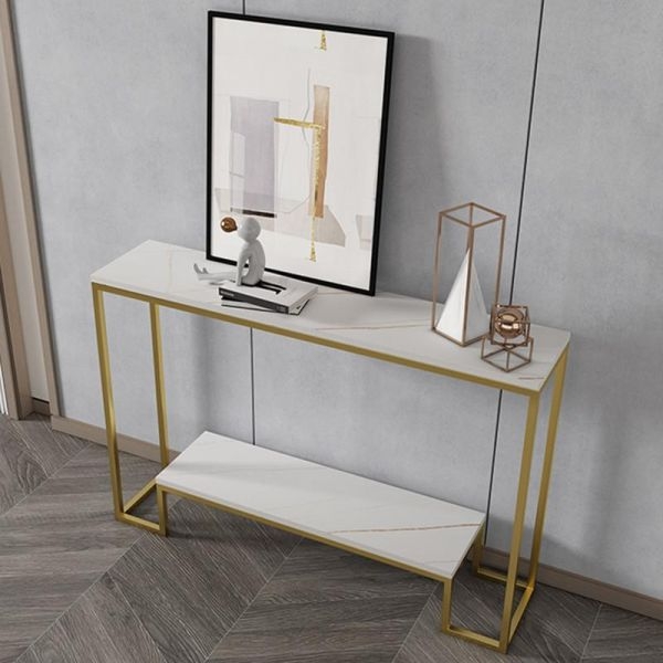 Console Table Gold Toned Metal Frame White Stone Top Slender Entryway
