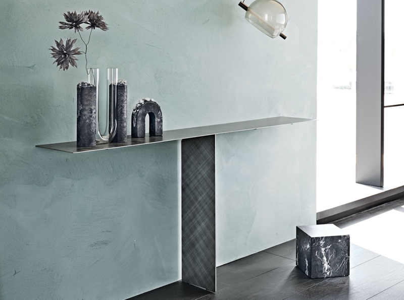Console Table Gray Metal T-Shaped Cantilever Design Brushed Finish