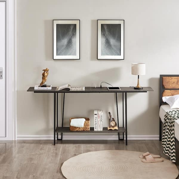 Console Table Gray Wood Finish Slender Metal Legs Minimalist Entryway