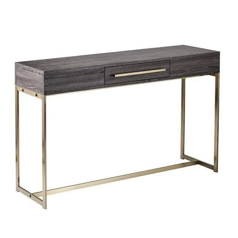 Console Table Gray Wood Grain Gold Sled Base Single Drawer Bar Pull