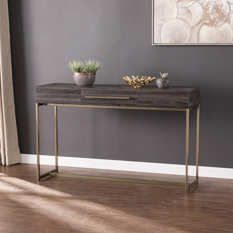 Console Table Gray Wood Top Gold Sled Base Slim Entryway Design