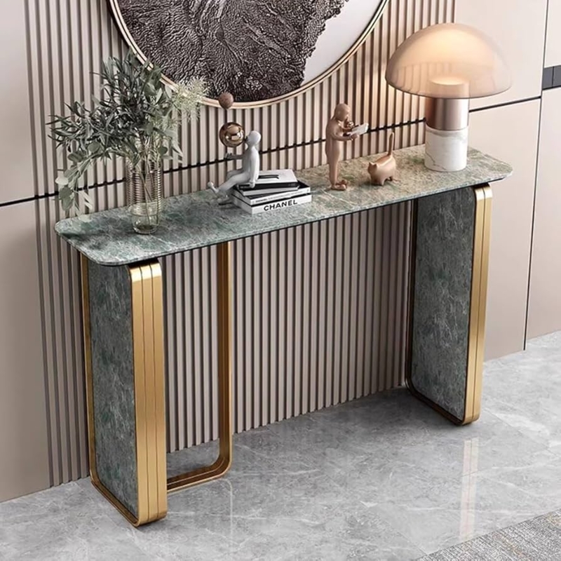 Console Table Green Marbled Stone Gold U-Shaped Pedestals Luxury Entryway