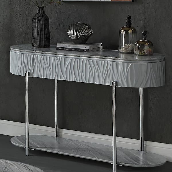 Console Table Grey Marbled Surface Wavy Textured Apron Chrome Pill Shape