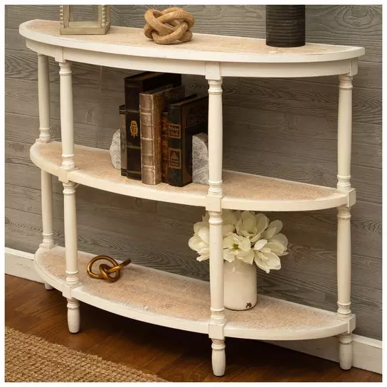 Console Table Half Moon Antique White with Woven Shelves