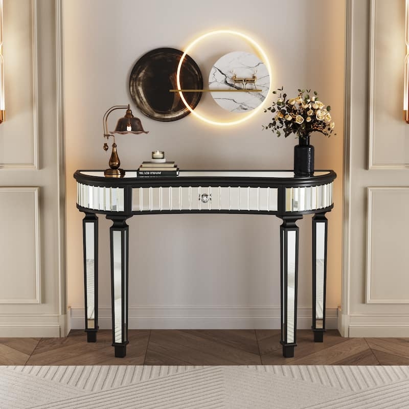 Console Table Half Moon Fluted Mirrored Black Frame