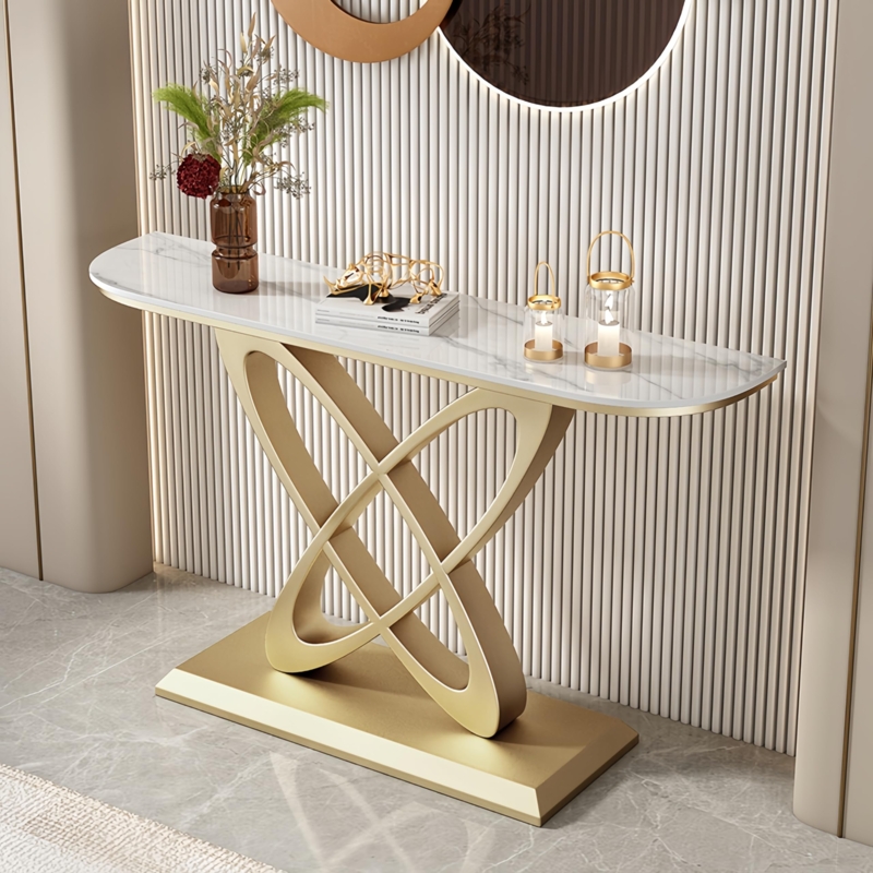 Console Table, Half Moon Top, Sculptural Butterfly Base, Marble Look.