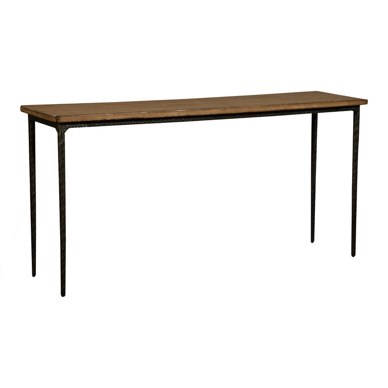Console Table Hammered Metal Legs Wood Toned Top Shallow Depth Rustic