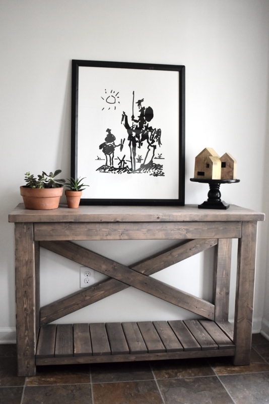 Console Table Handcrafted Weathered Finish X Frame Sides Slatted Shelf