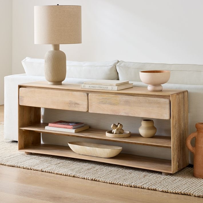 Console Table Handleless Drawers Pale Wood Finish Minimalist Styling