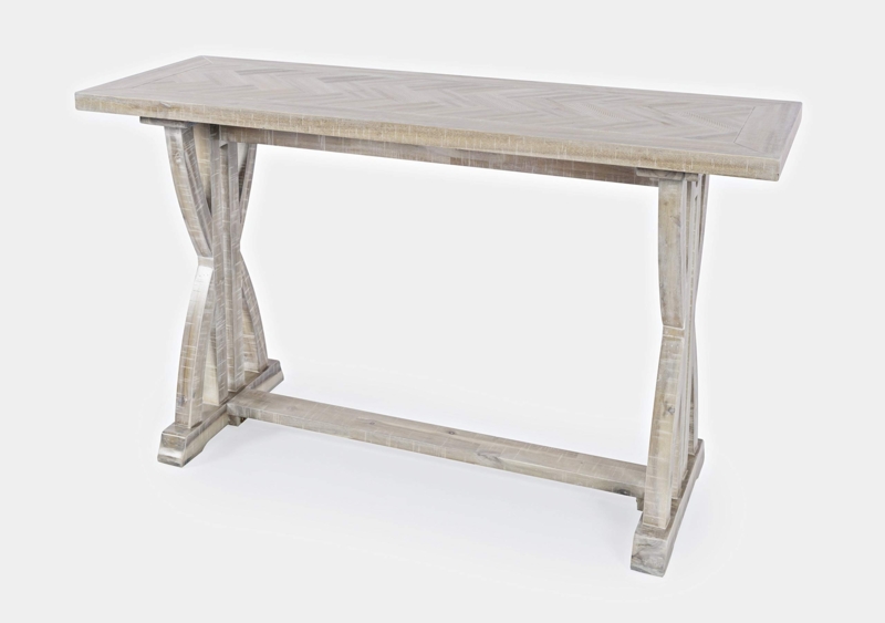 Console Table Herringbone Top X-Shaped Legs Whitewashed Farmhouse
