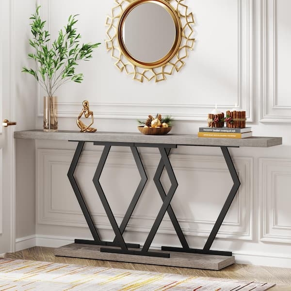 Console Table Hexagonal Frame Gray Wood Finish Black Metal Geometric Design