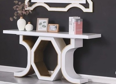 Console Table High Gloss White Hexagonal Cutout Base Gold Metallic Trim