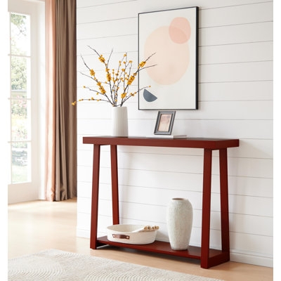 Console Table in Red Finish, Narrow Depth, Open Shelf, Minimalist Style