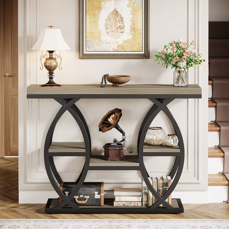 Console Table Industrial Geometric Circular Frame Four Tier Wood Shelves
