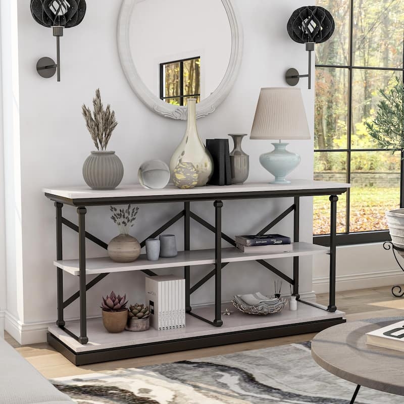 Console Table Industrial X-Brace Black Pale Blue Shelves