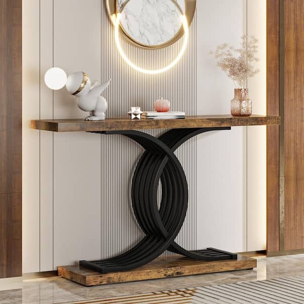 Console Table Interlocking Curved Base Wood and Black Metal