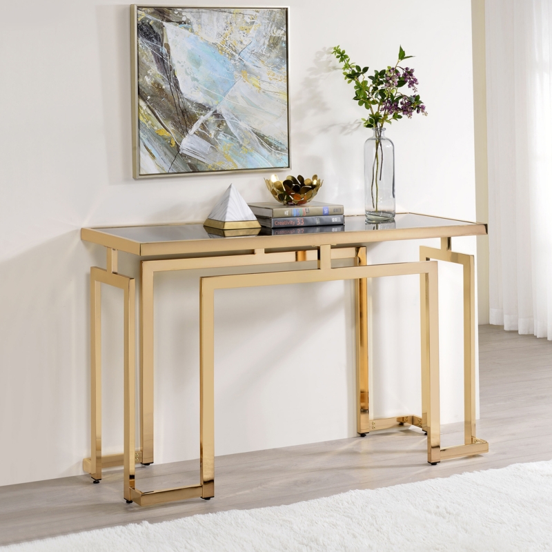 Console Table Interlocking Frame Dark Glass Top Gold Modern Glam Decor