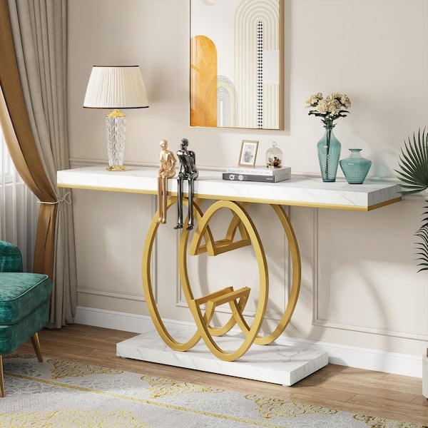 Console Table Interlocking Ring Base Marble Pattern Top Narrow Profile