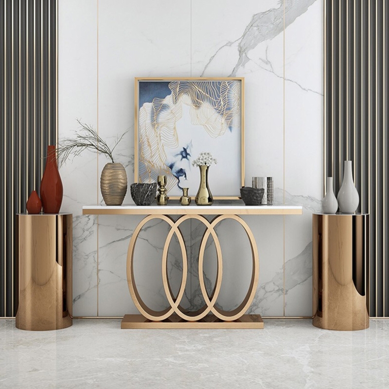 Console Table Interlocking Ring Base Polished Gold Marble Top Glam