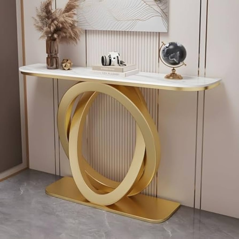 Console Table, Interlocking Ring Base, White Stone Look, Gold Finish.