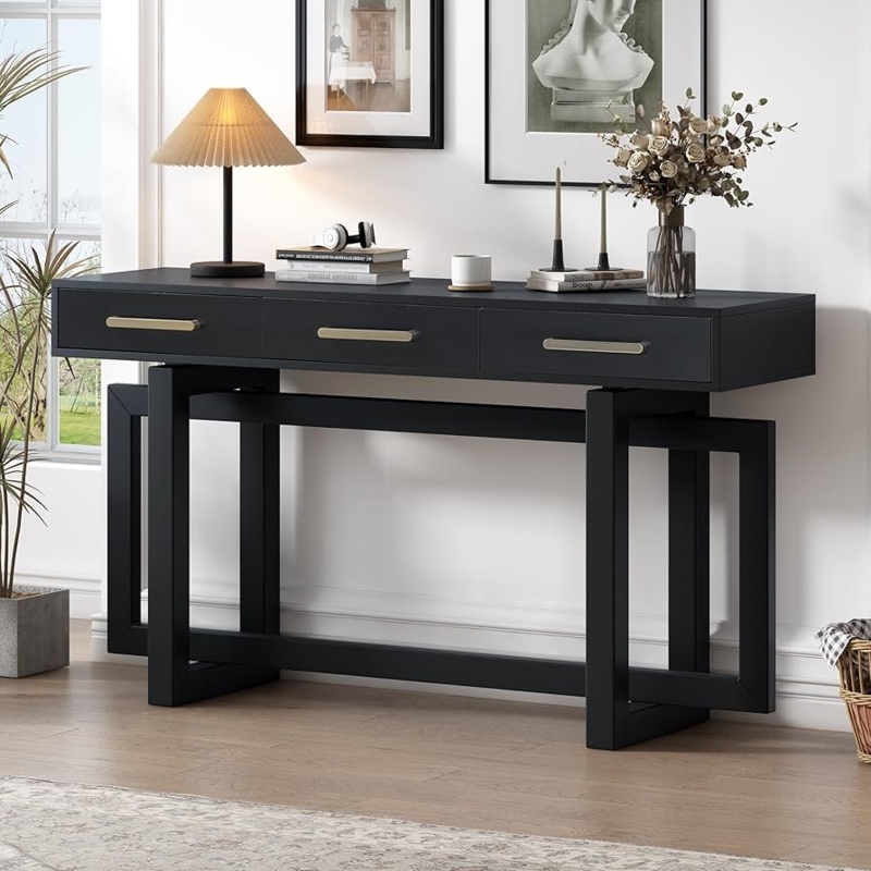 Console Table Interlocking Sled Base Matte Black Triple Drawer Design