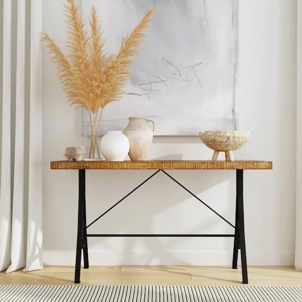 Console Table Iron Trestle Base Wood Top Slender Profile Minimalist