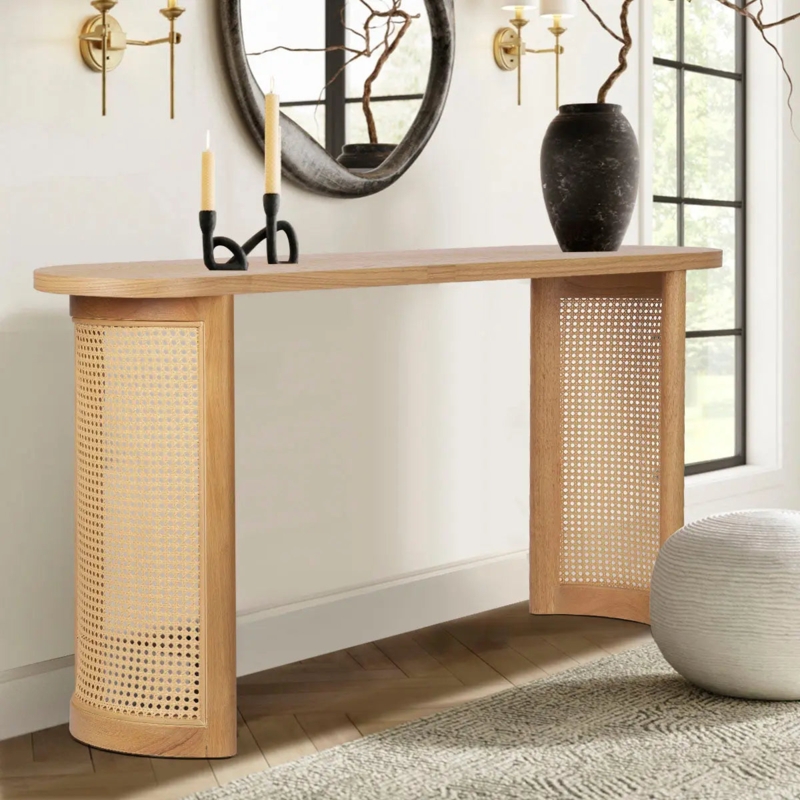 Console Table Japandi Light Oak Cane Pedestal Legs