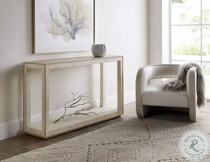 Console Table Lacquered Burlap Open Box Frame Recessed Base Coastal Style