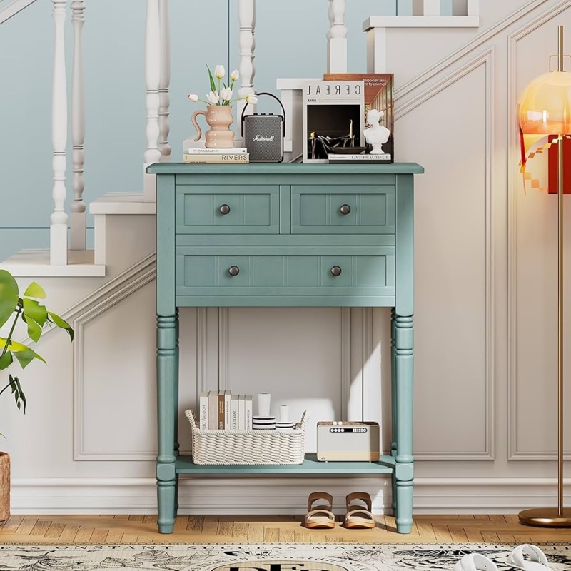 Console Table Light Blue Turned Legs Three Drawers Coastal