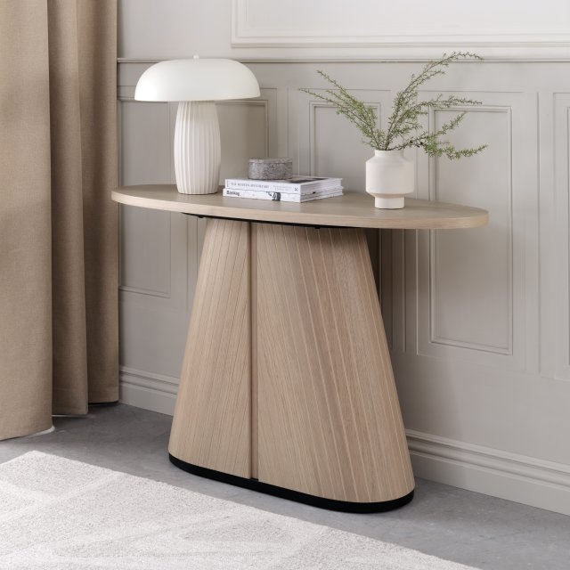 Console Table Light Oak Vertical Slatted Pedestal Oval