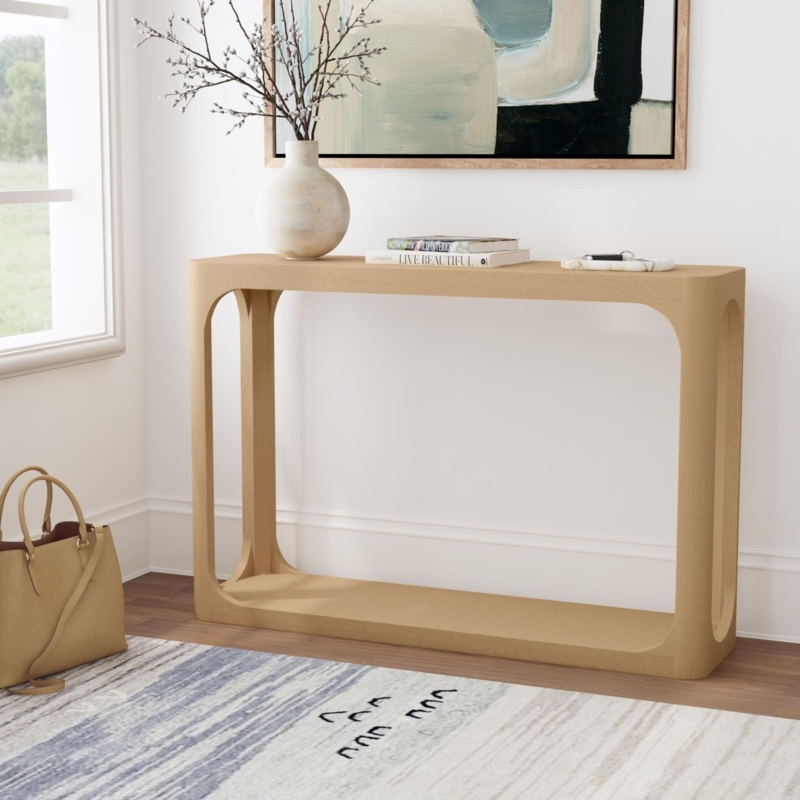 Console Table Light Wood Pill Shaped Frame Open Shelf Scandinavian