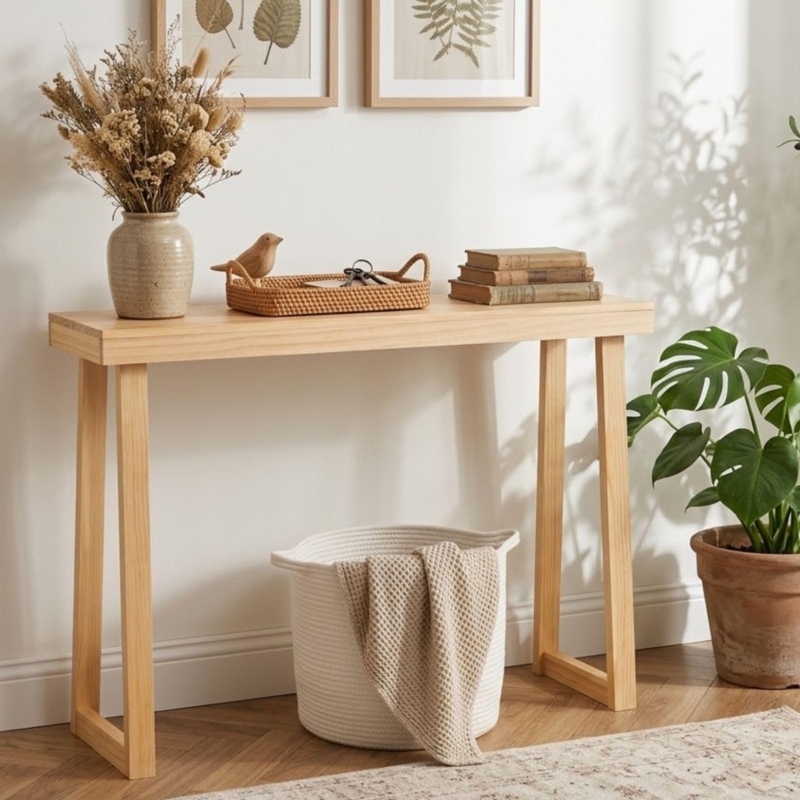 Console Table Light Wood Slab Top Open Frame Legs Scandinavian Hallway