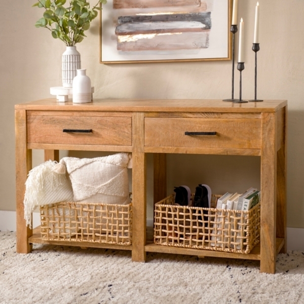 Console Table Light Wood Two Drawers Open Shelf Modern Farmhouse