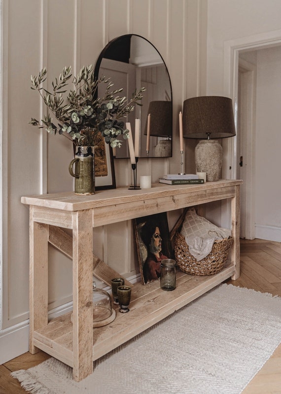 Console Table Light Wood V-Back Bracing Lower Shelf Farmhouse
