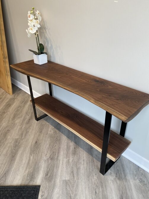 Console Table Live Edge Two Tier Metal Frame Dark Brown Industrial