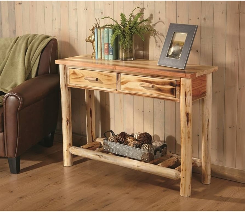 Console Table Log Legs Charred Accents Slatted Shelf