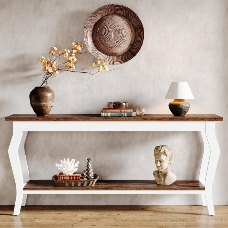 Console Table Long Curved Frame Two-Tier Dark Wood Contrast