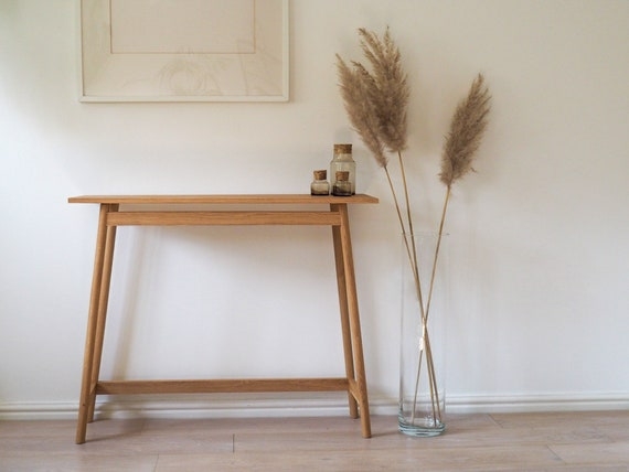 Console Table Lower Stretcher Tapered Legs Light Wood Mid-Century