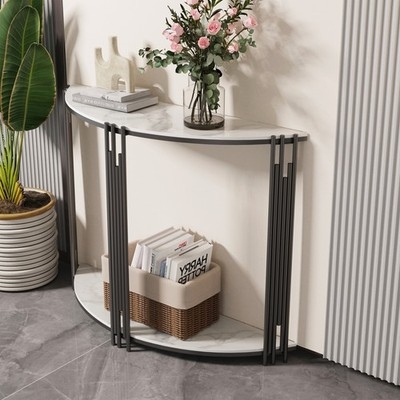 Console Table Marble Look Shelves Linear Metal Frame Two Tier