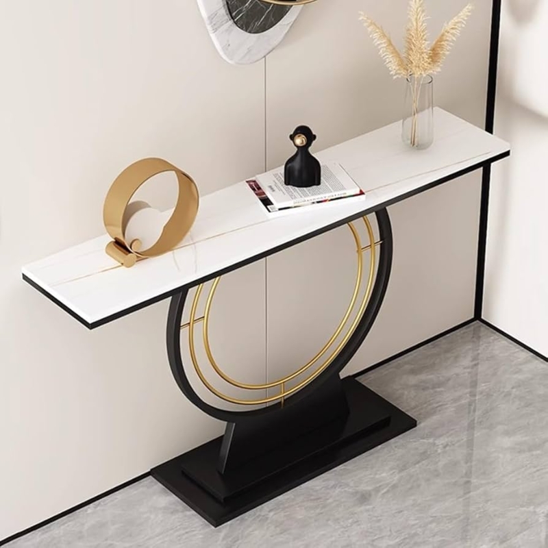 Console Table Marble Top Concentric Ring Base Gold Accents Slim Profile