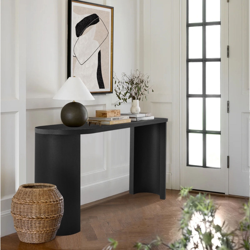 Console Table Matte Black Curved Pedestal Base Oval Top